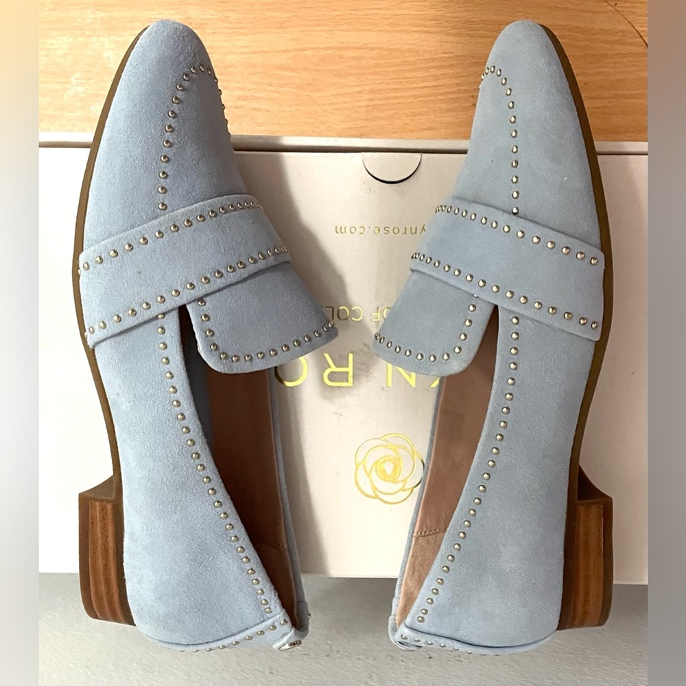 NIB!! $170 TARYN ROSE US 4 EURO 34 BRISTOL STUDDED SUEDE MOONSTONE BLUE LOAFERS